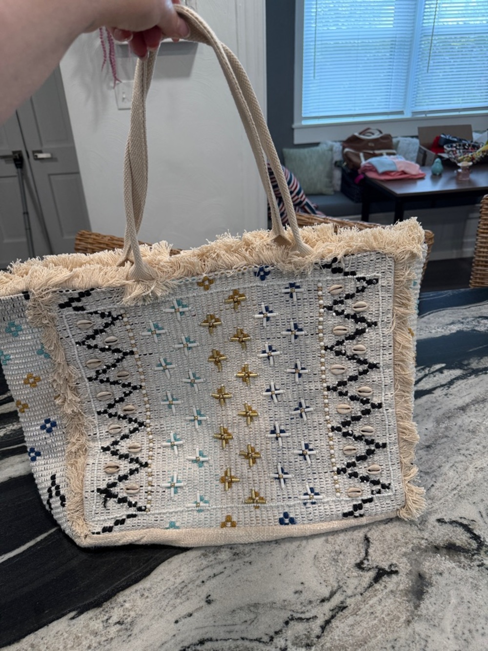 Myra Bag Cream Woven Tote with Blue, Gold and Black Embroidery